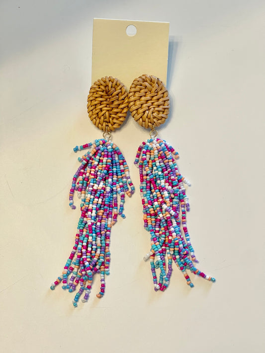 Rattan and seed bead tassel earrings