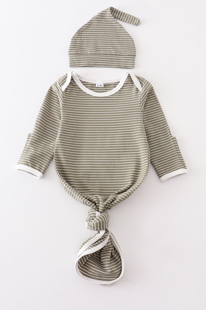Olive Stripe Baby Gown/Hat set