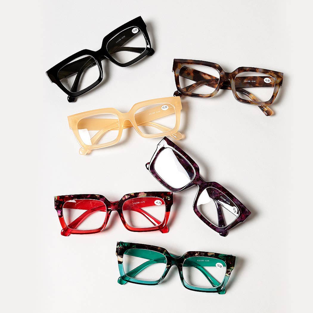 Women's Bold Square Frame Reading Glasses: ONE SIZE / 12 ASSORTED COLORS