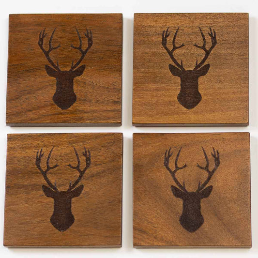 Deer Etched Wood Coasters   Natural   4x4