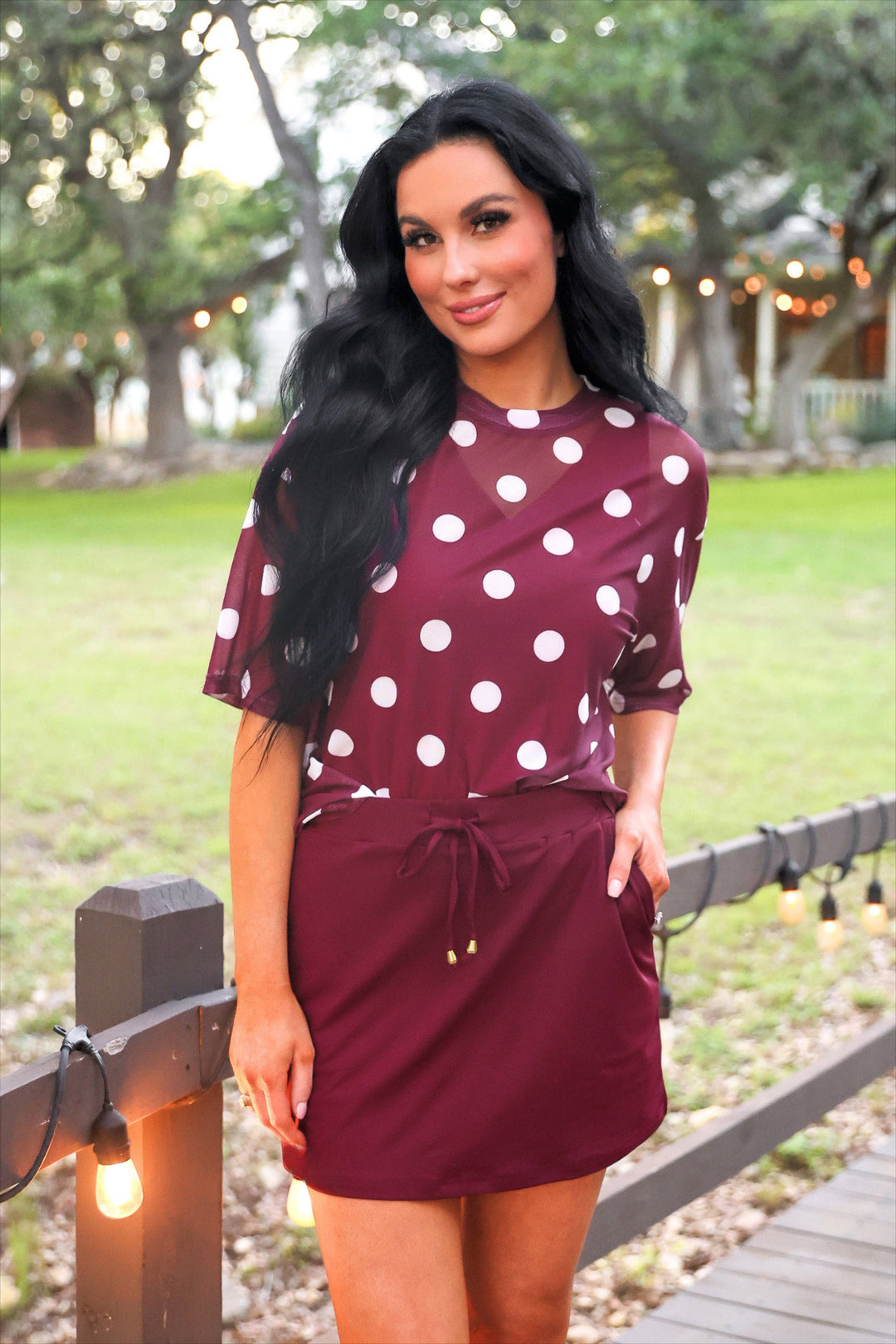 Emma Mesh Tee- Burgundy Polka Dot