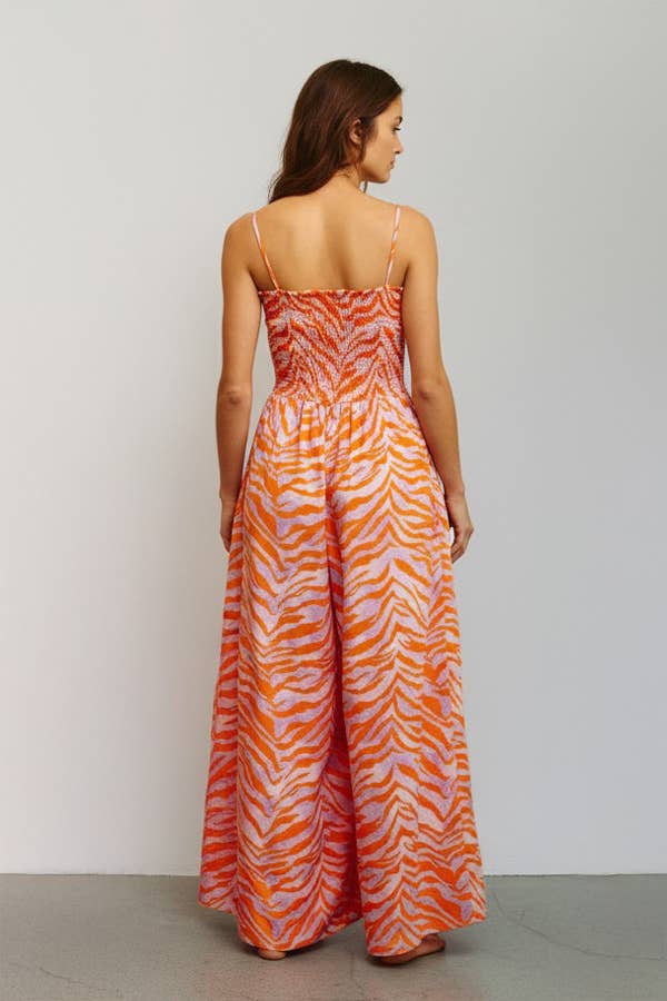 Wide Legs Smocked Floral Print Jumpsuit