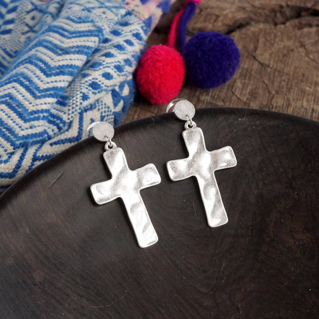 Cross Hammered Distressed Drop Earrings