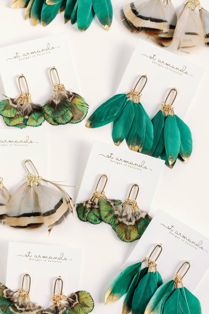Emerald/Gold Feather Earrings