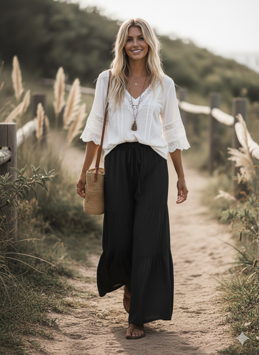 Linen Blend Tiered Pants