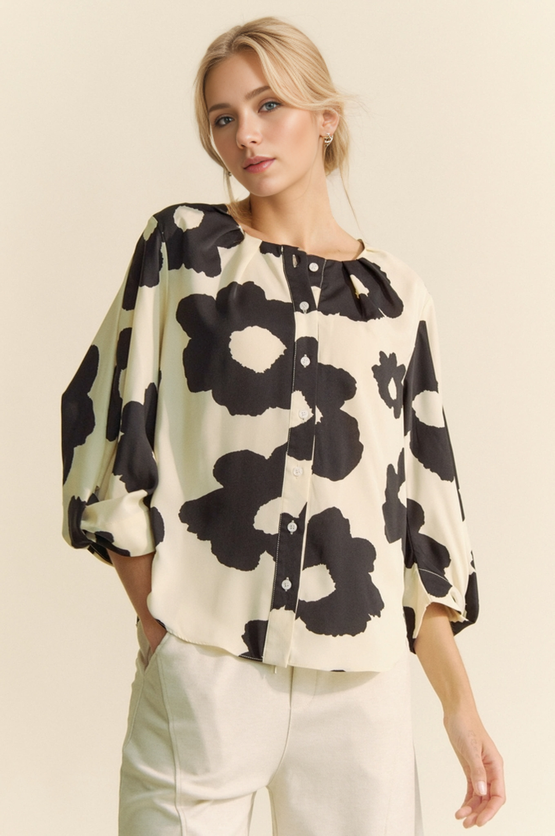 Cream and Black Floral Blouse