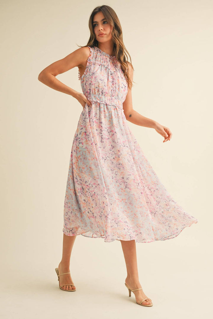 FLORAL PRINT RUFFLE MIDI DRESS