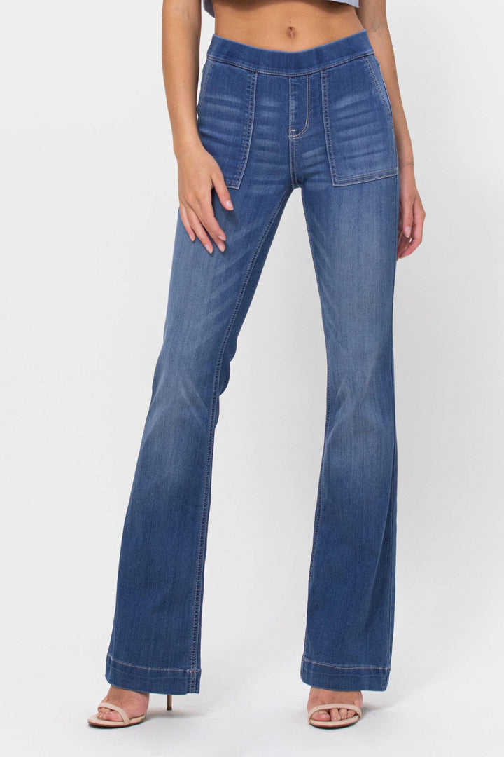 Mid Rise Flare Pull On Jeans