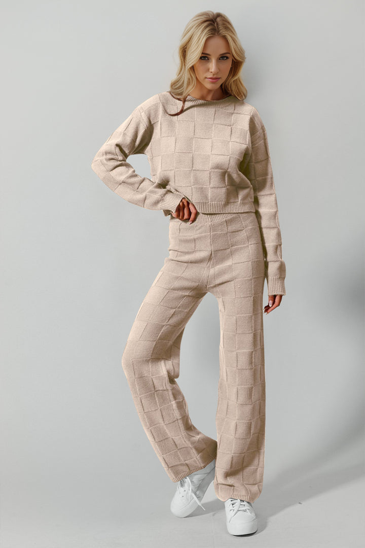 Double Take Full Size Checkered Round Neck Top and Pants Set (Online Only)