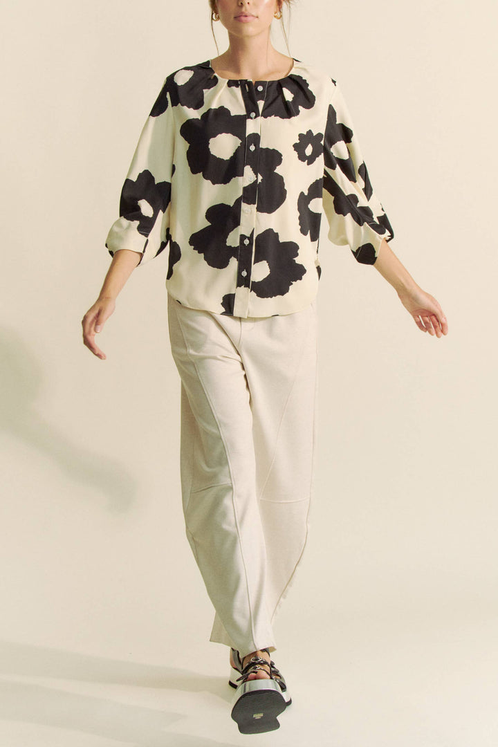 Cream and Black Floral Blouse