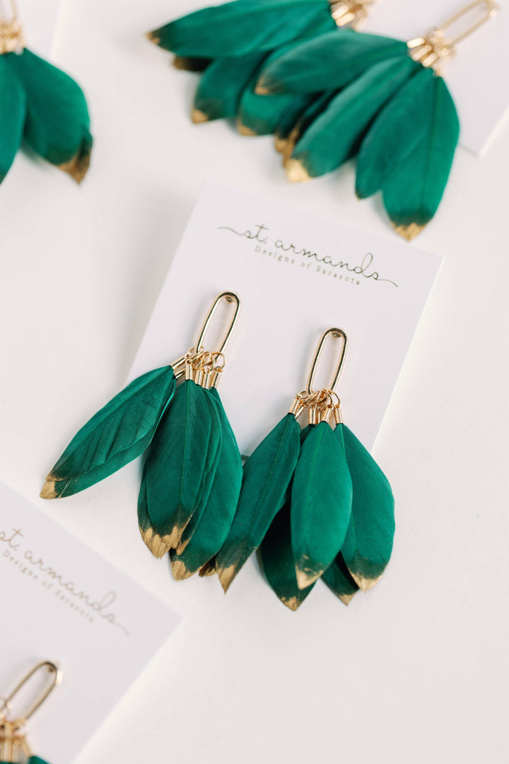 Emerald/Gold Feather Earrings