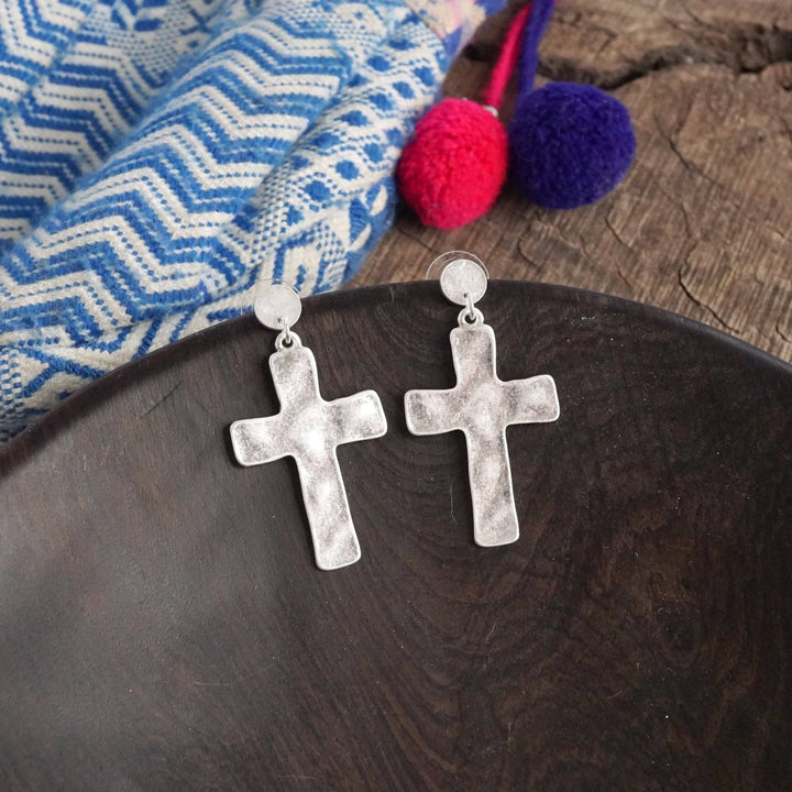 Cross Hammered Distressed Drop Earrings