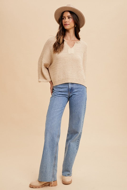 3/4 Sleeve V-neck Sweater