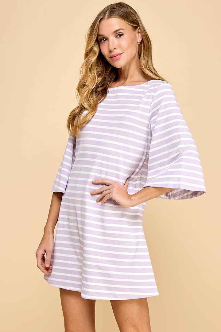 Striped Knit 3/4 Sleeves Dress