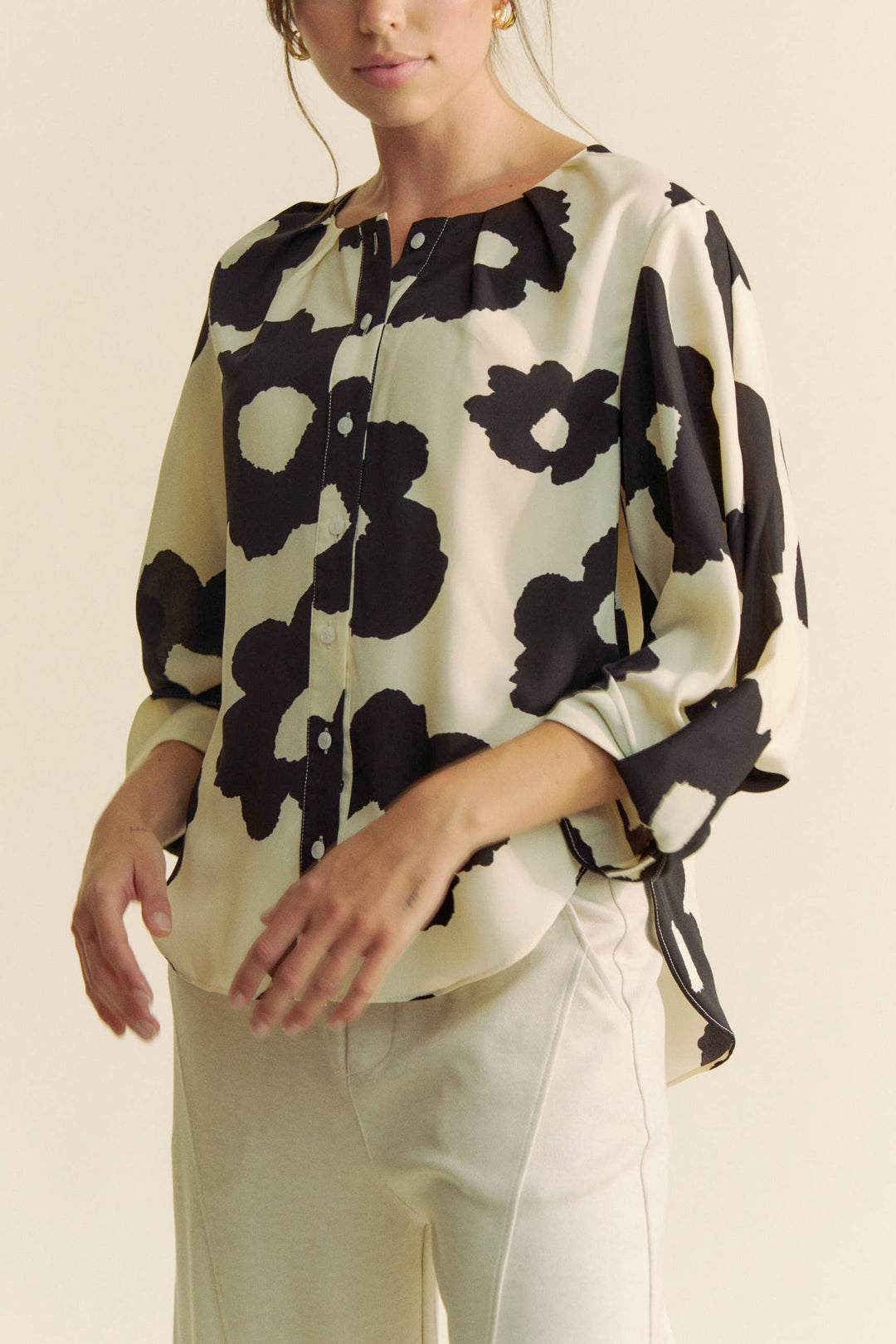 Cream and Black Floral Blouse