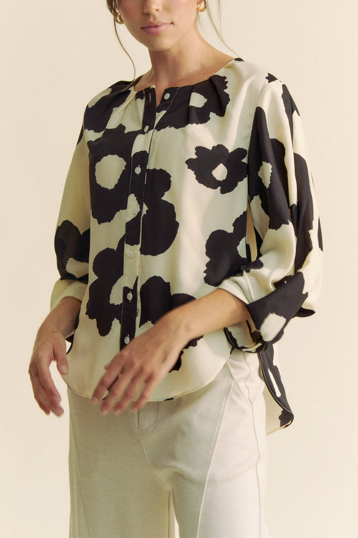 Cream and Black Floral Blouse