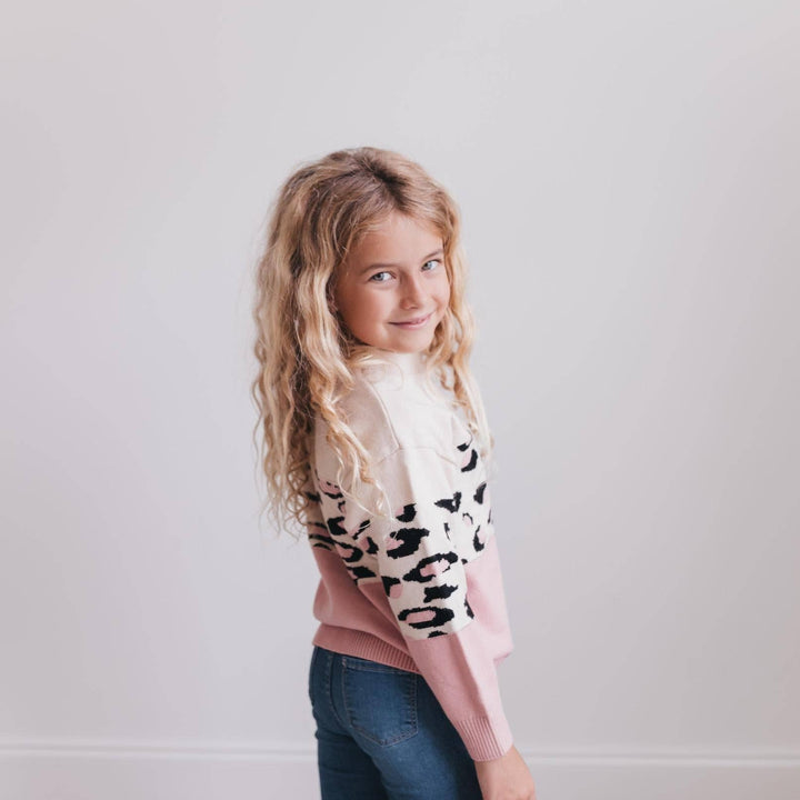 Girls Pink Cream Leopard Sweater