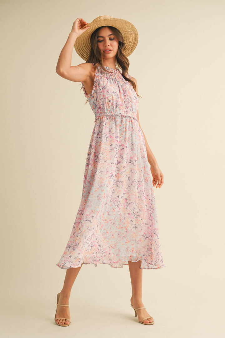FLORAL PRINT RUFFLE MIDI DRESS