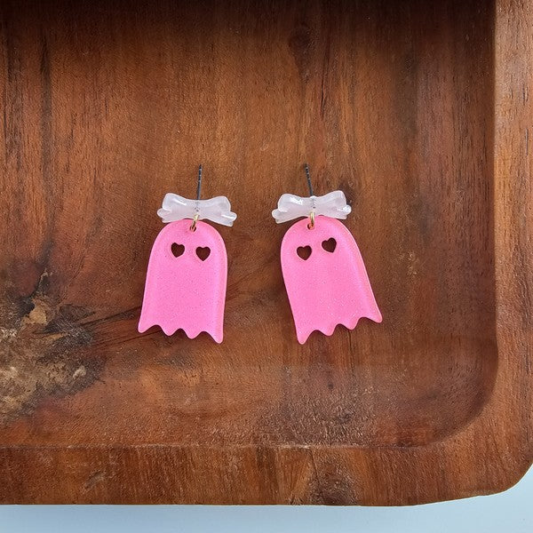 Bow Ghost Earrings - Pink Glitter