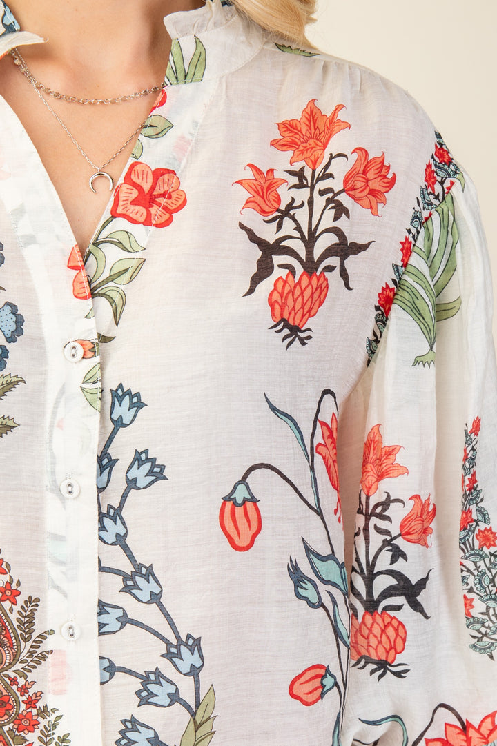 Printed Button Down 3/4 Sleeve Shirt
