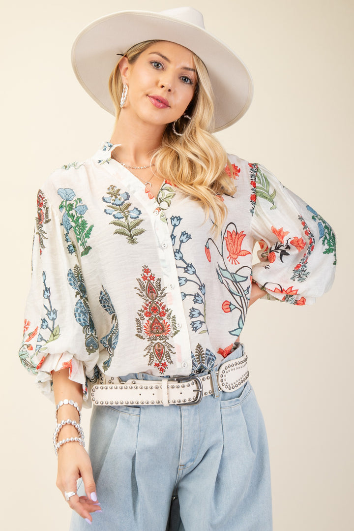 Printed Button Down 3/4 Sleeve Shirt