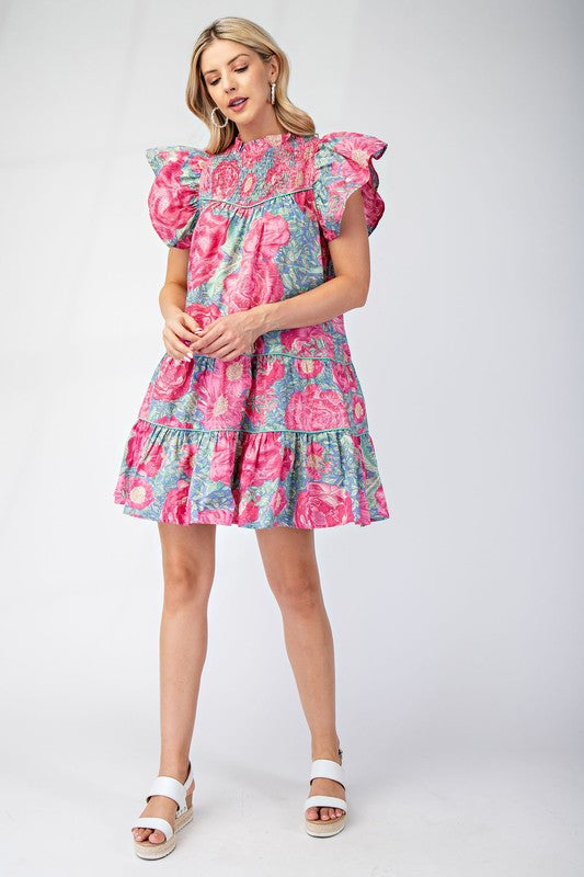 Smocked Floral Mini Dress