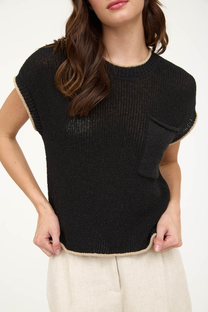 Black Short Sleeve Contrast Trim Sweater