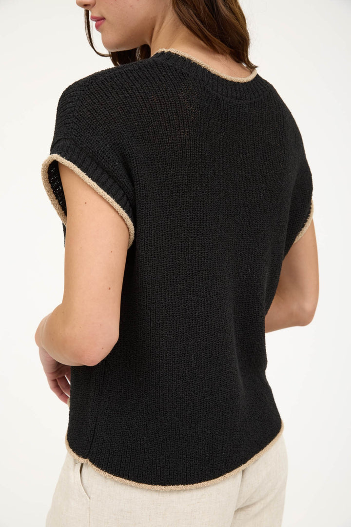 Black Short Sleeve Contrast Trim Sweater
