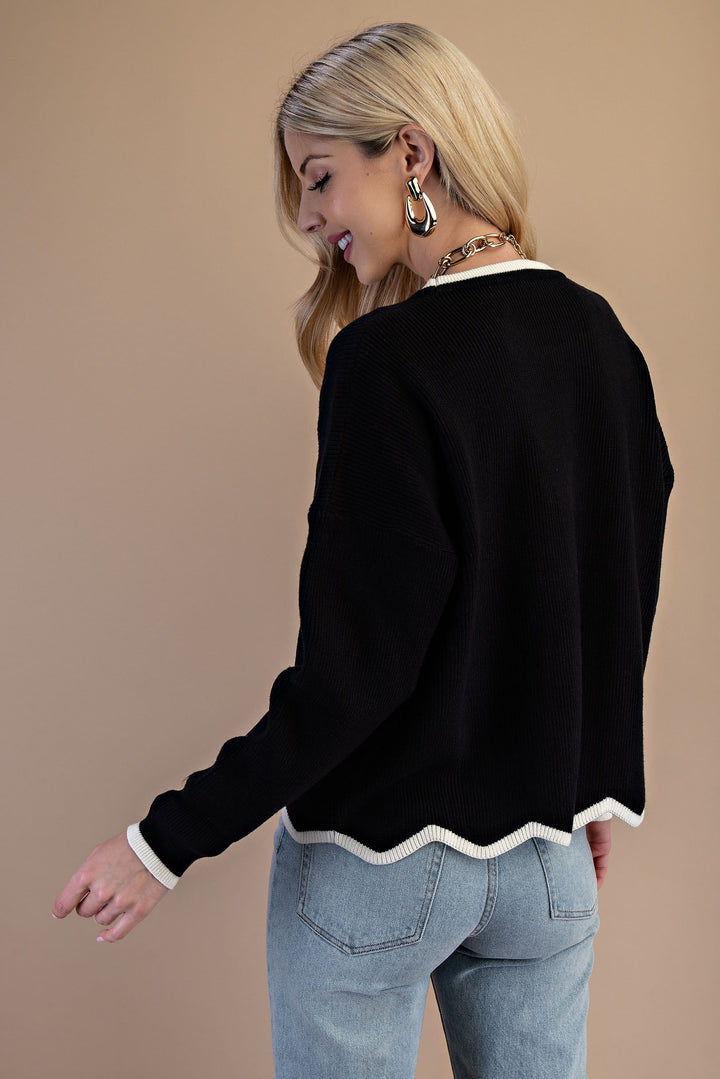 Black Knit Sweater with Cream Edges