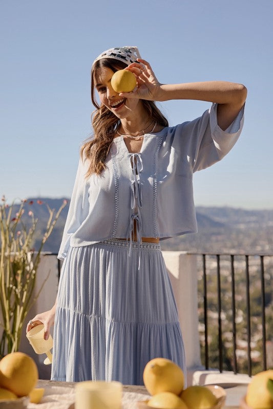 Tie Front Blouse & Miditiered Skirt Set