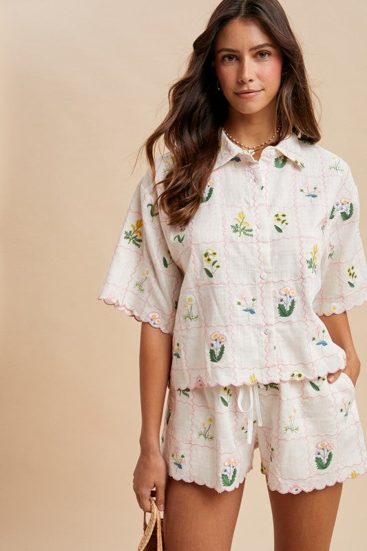 Flower Embroidery Boxy Shirt & Shorts Set