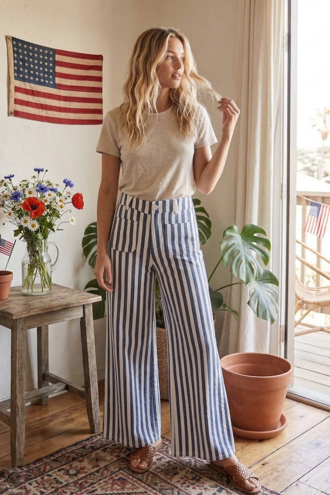 Striped Wide Leg Denim Pants