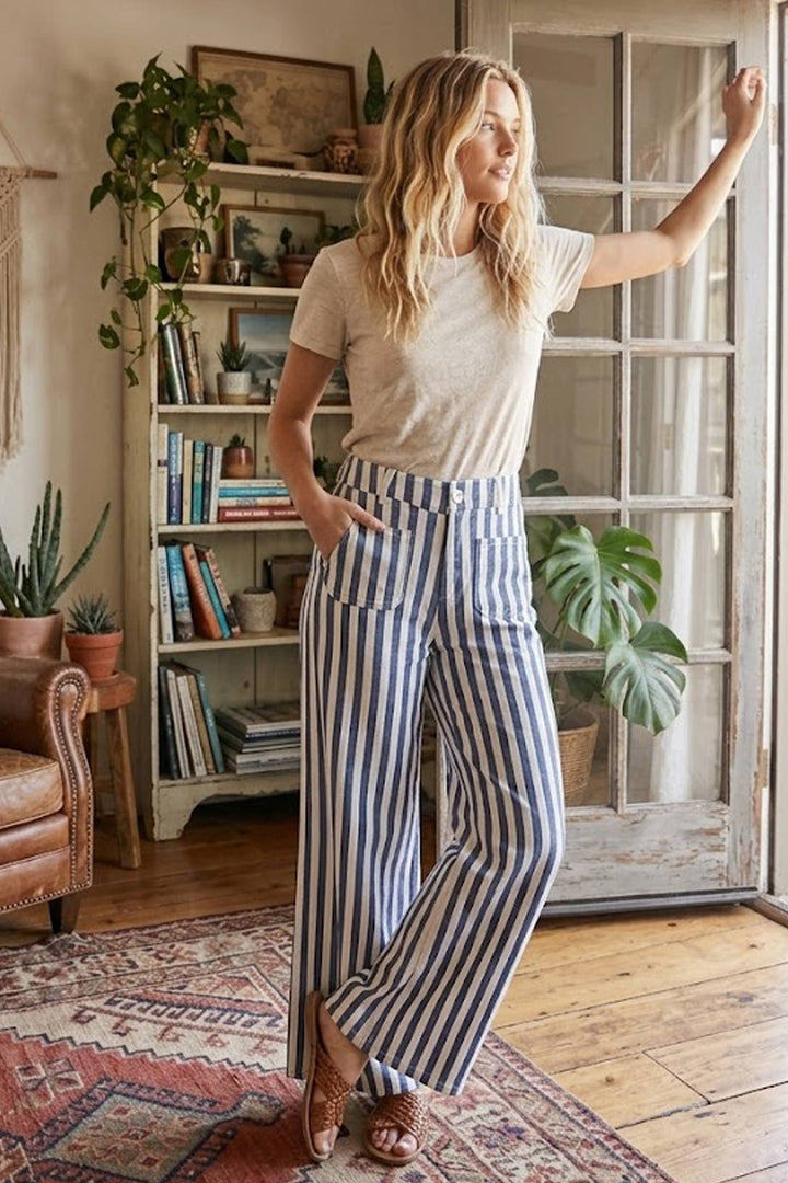 Striped Wide Leg Denim Pants