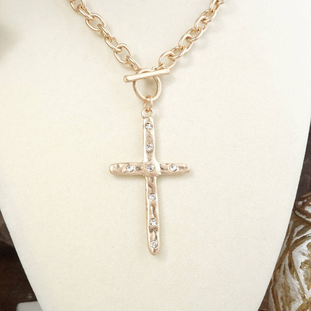 Hammered Cross Front Toggle Necklace