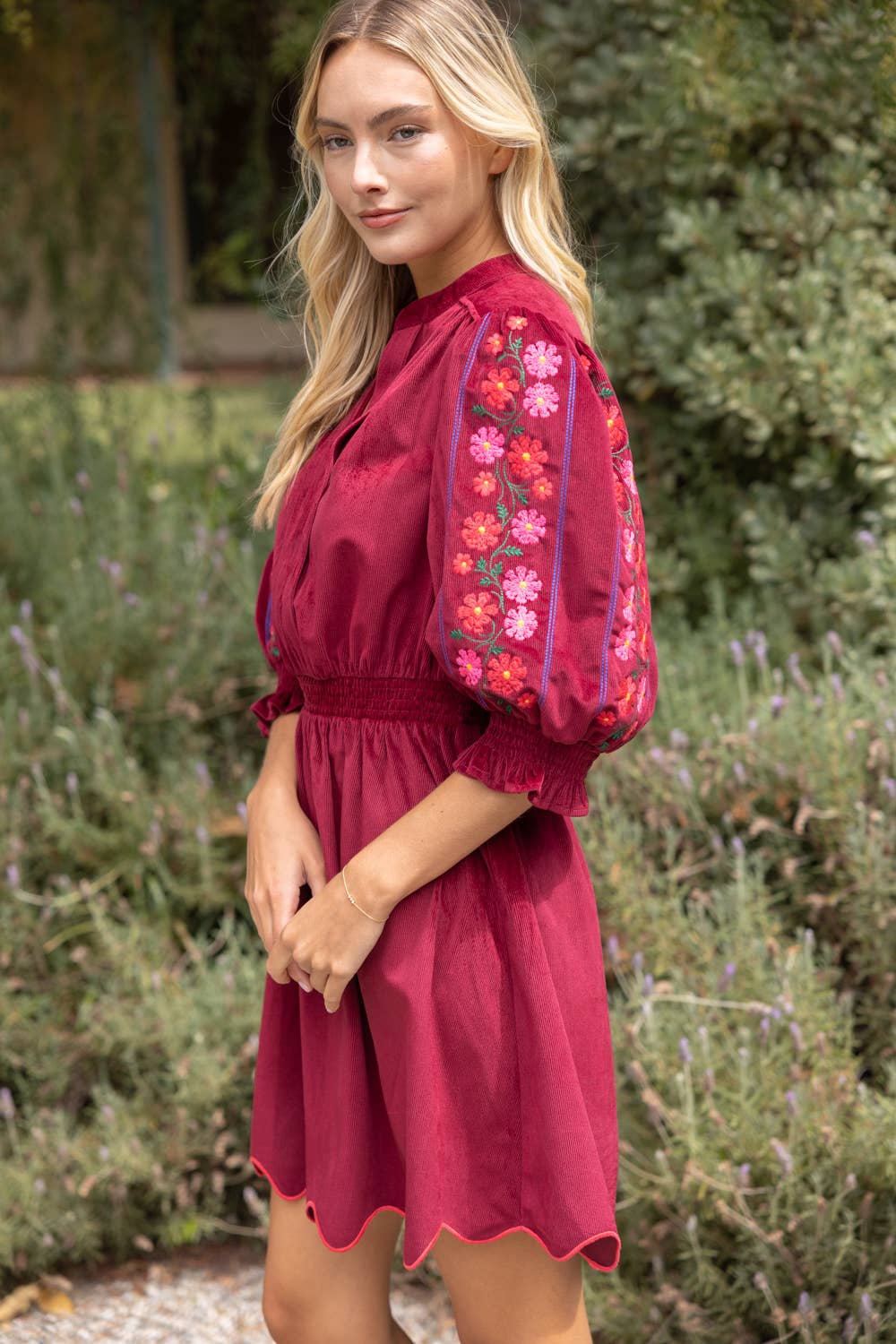 Smock Waist Floral Embroidered Dress