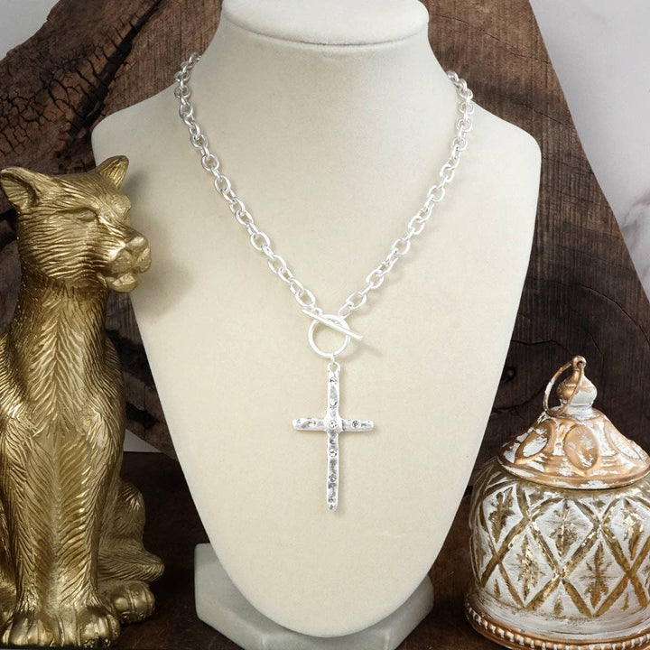 Hammered Cross Front Toggle Necklace