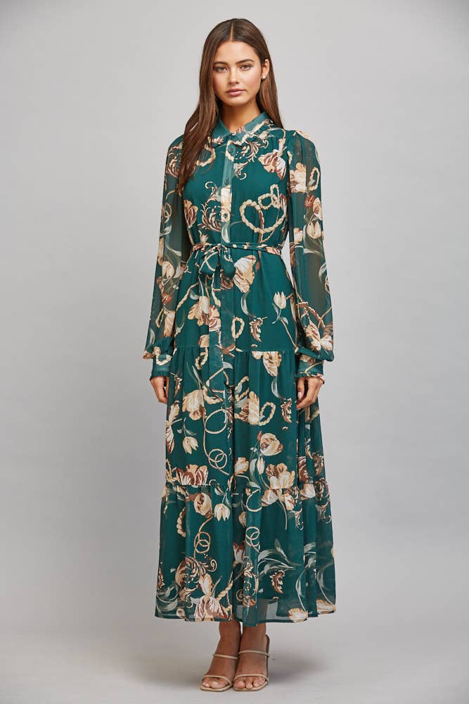 FLORAL/CHAIN PRINT CHIFFON SELF WAIST TIE BUTTON DOWN DRESS