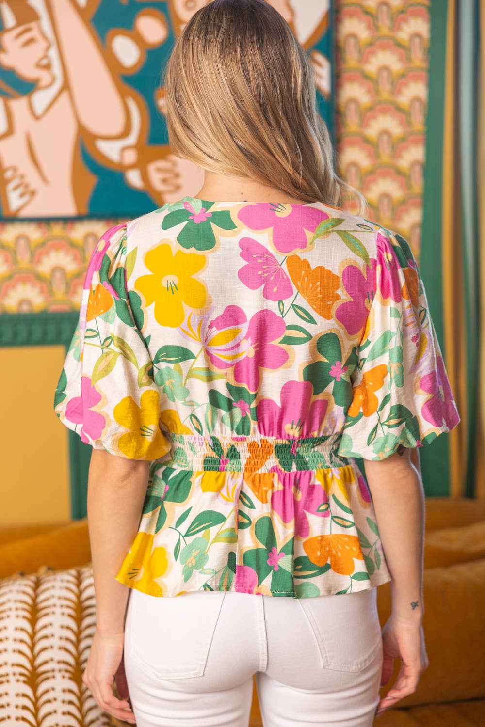 Half Zip V-Neck Floral Peplum Top