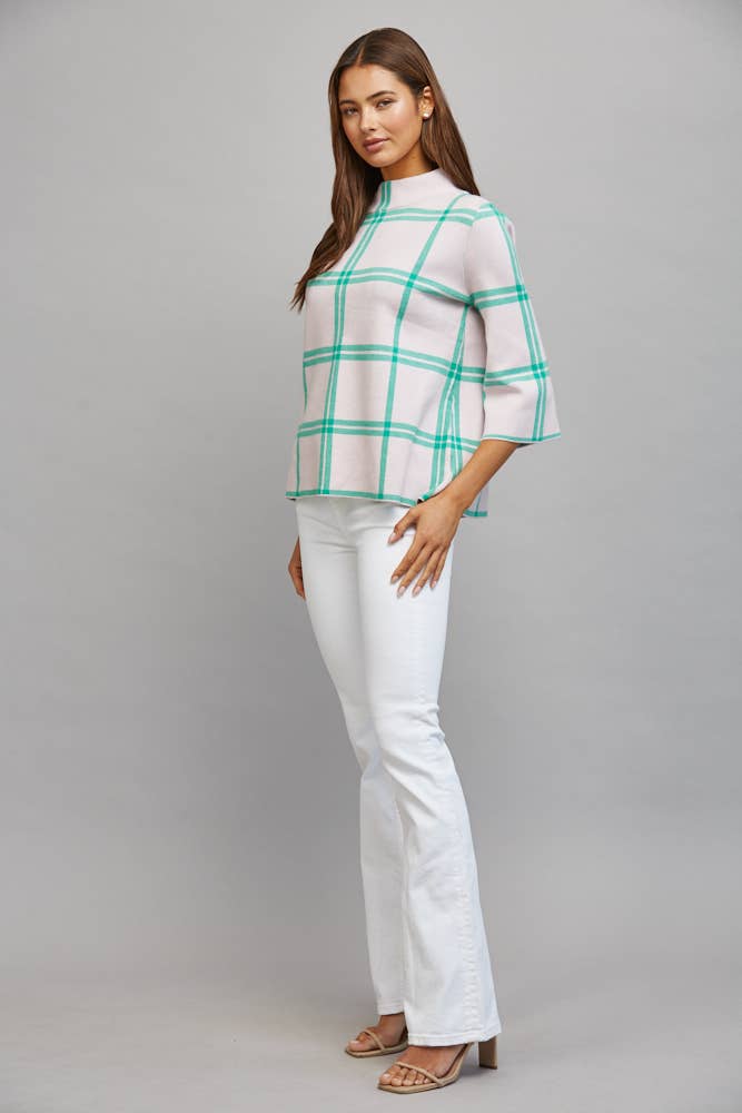 PLAID PATTERN MOCK NECK SWEATER