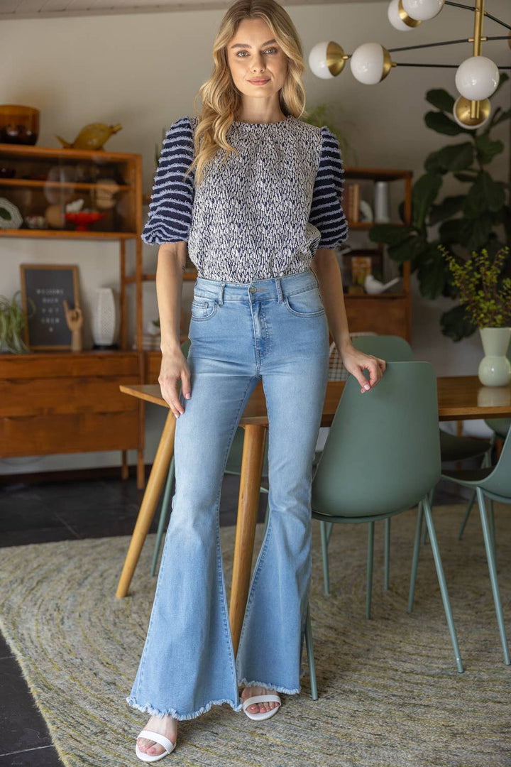Mixed Pattern Fuzzy Sleeve Top