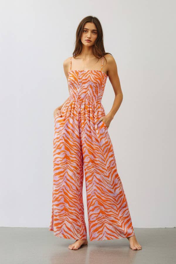 Wide Legs Smocked Floral Print Jumpsuit