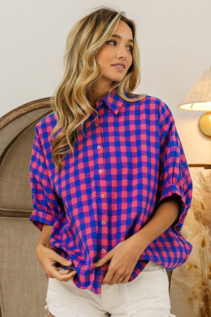 BiBi Plaid Button Up Dolman Sleeve Shirt (Online ONly)