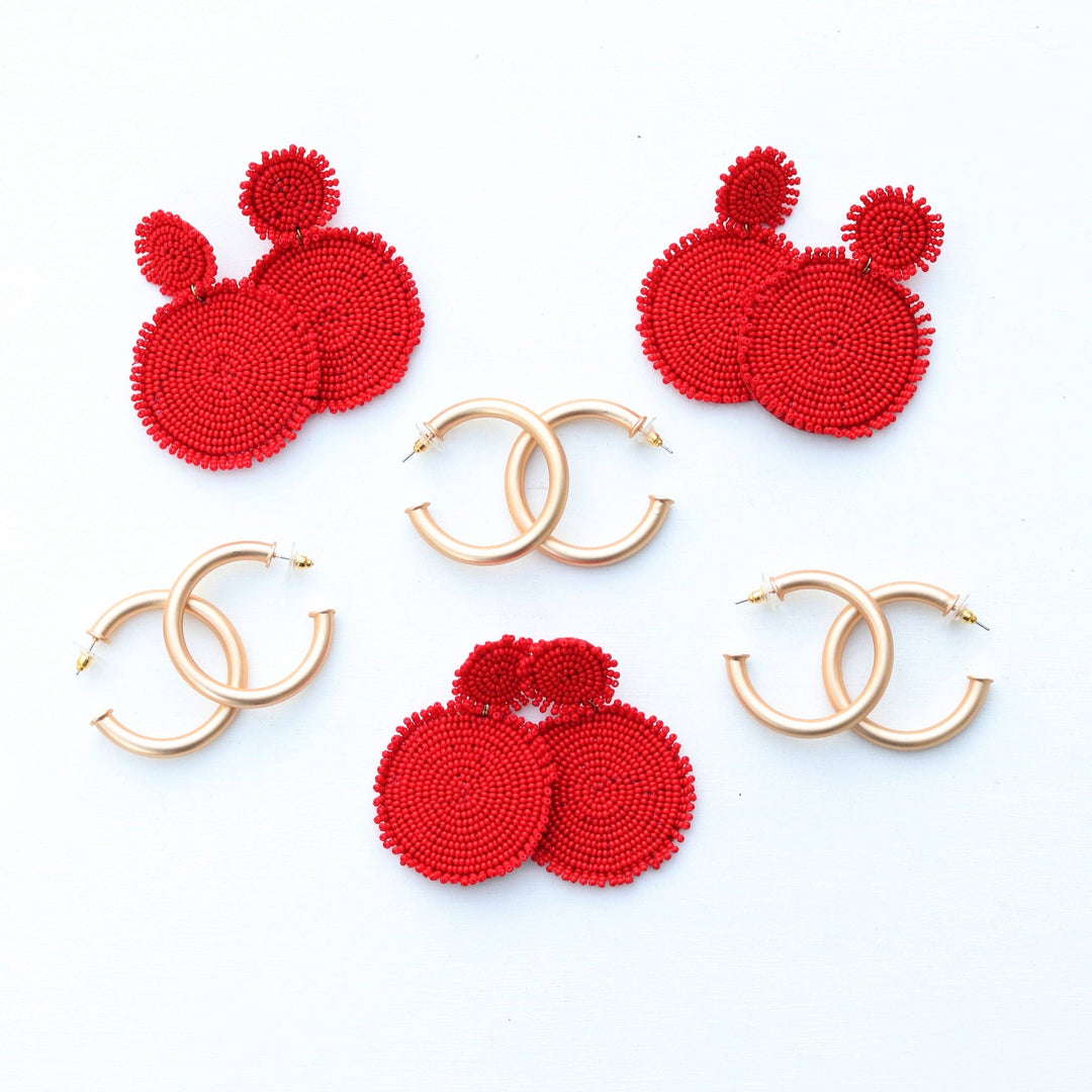 Red Beaded Disc Earrings