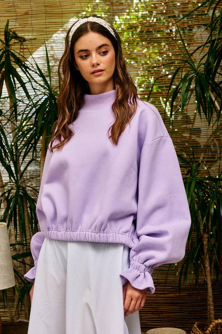 Ruffled cuff Detail Mock-neck Sweatshirt