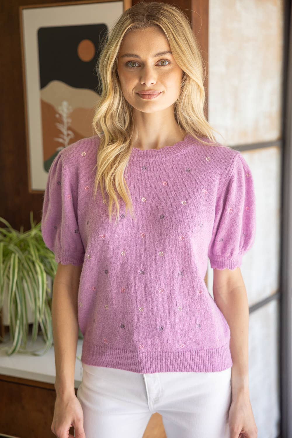 Lavender Floral Embroidered Short Sleeve  Sweater