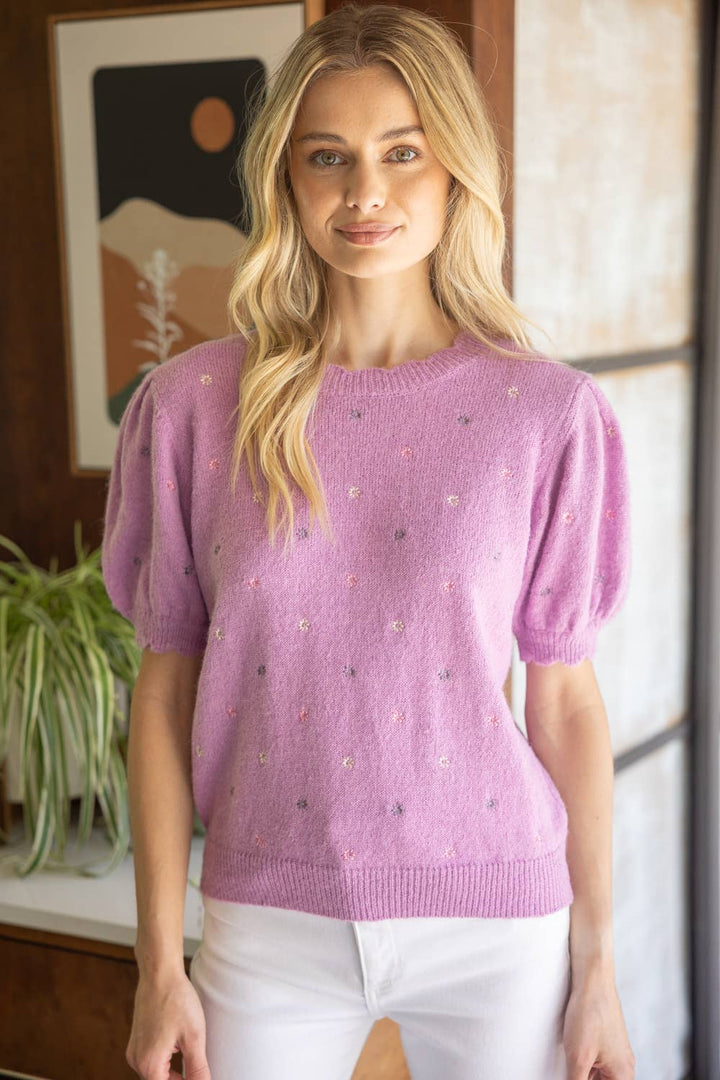 Lavender Floral Embroidered Short Sleeve  Sweater