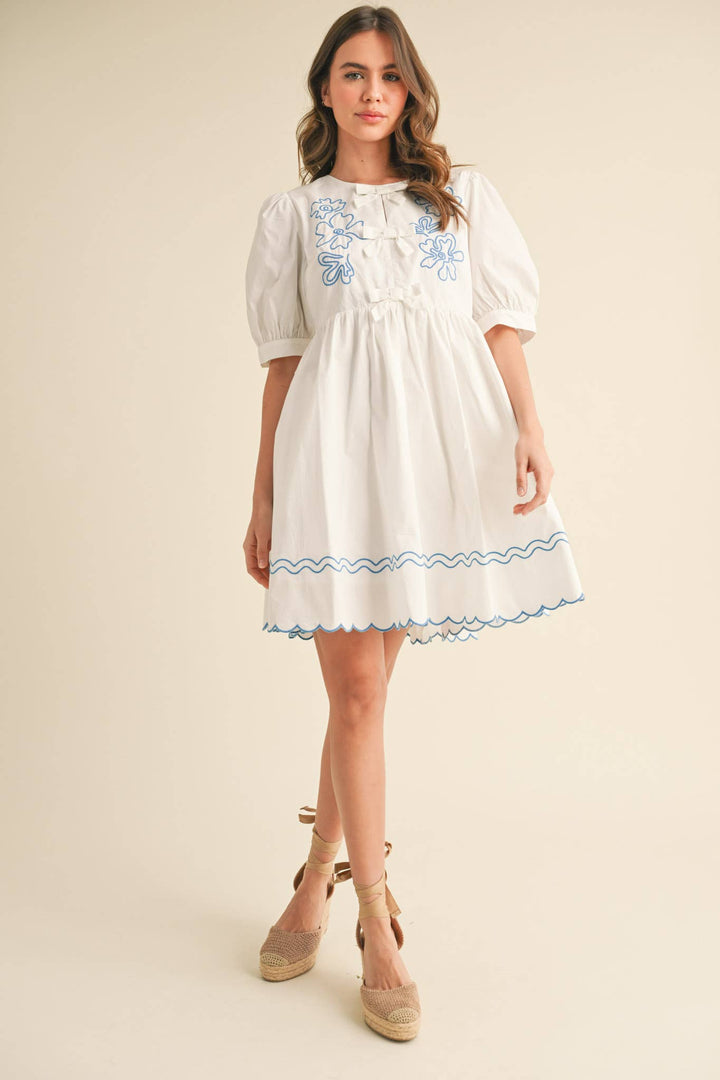 EMBROIDERY BOW MINI DRESS