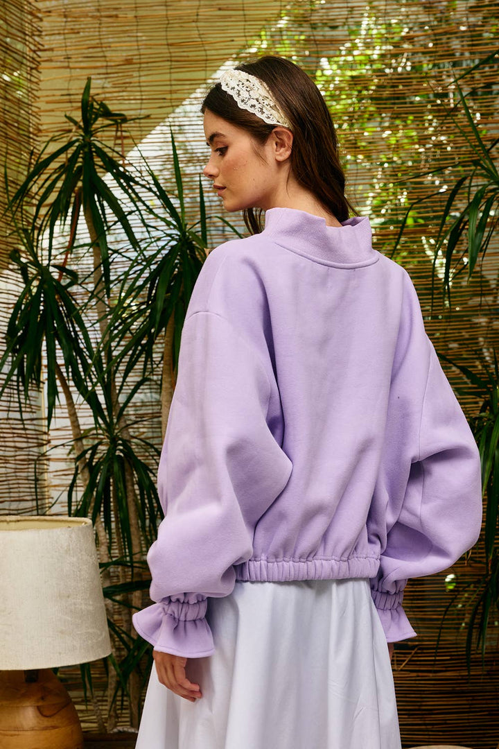 Ruffled cuff Detail Mock-neck Sweatshirt