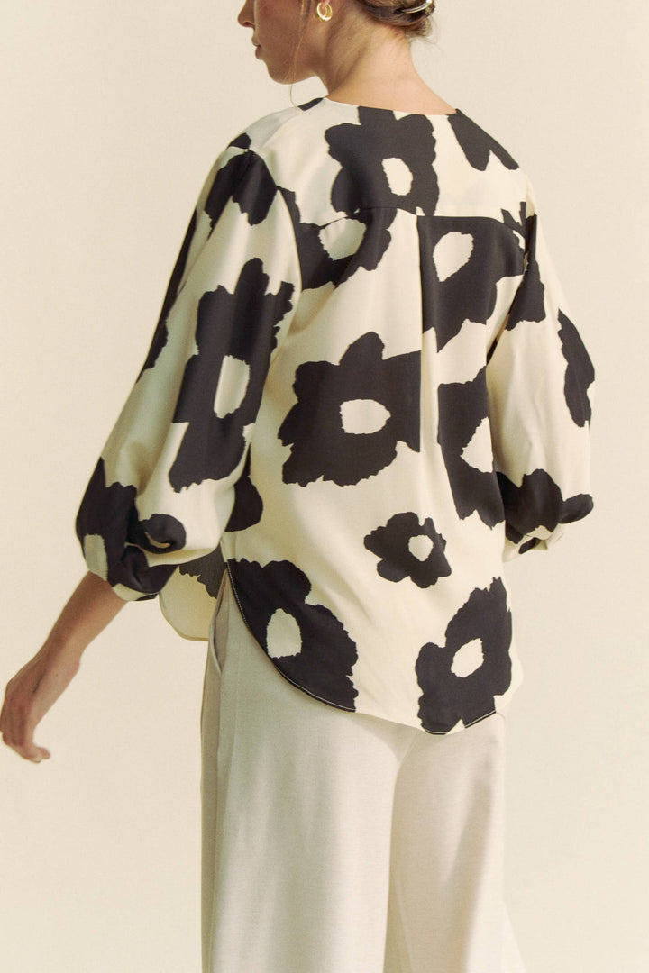 Cream and Black Floral Blouse