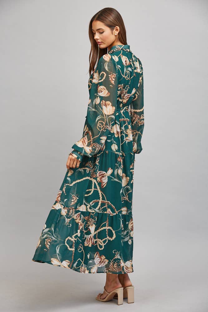 FLORAL/CHAIN PRINT CHIFFON SELF WAIST TIE BUTTON DOWN DRESS